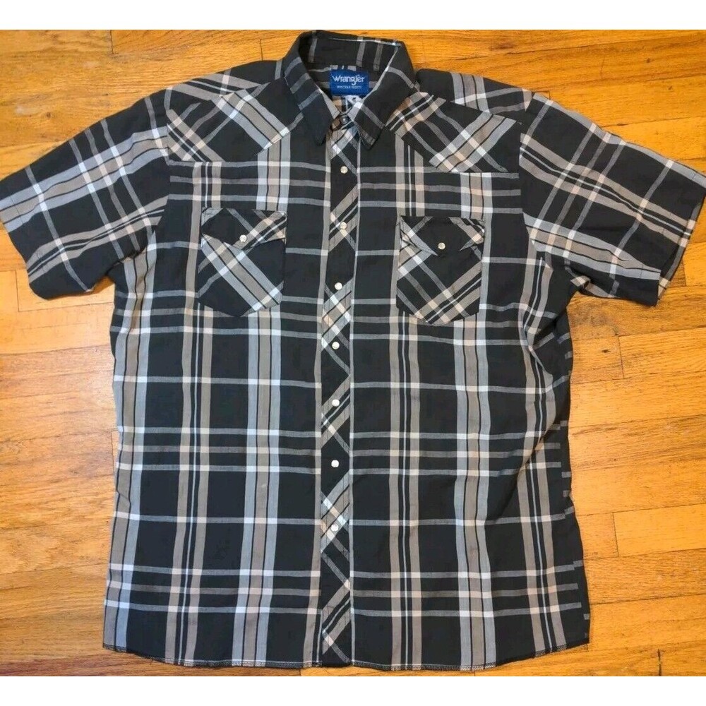 VTG Wrangler Men Black Brown Plaid Shirt Pearl Snap XL Cowboy Western Rodeo EUC